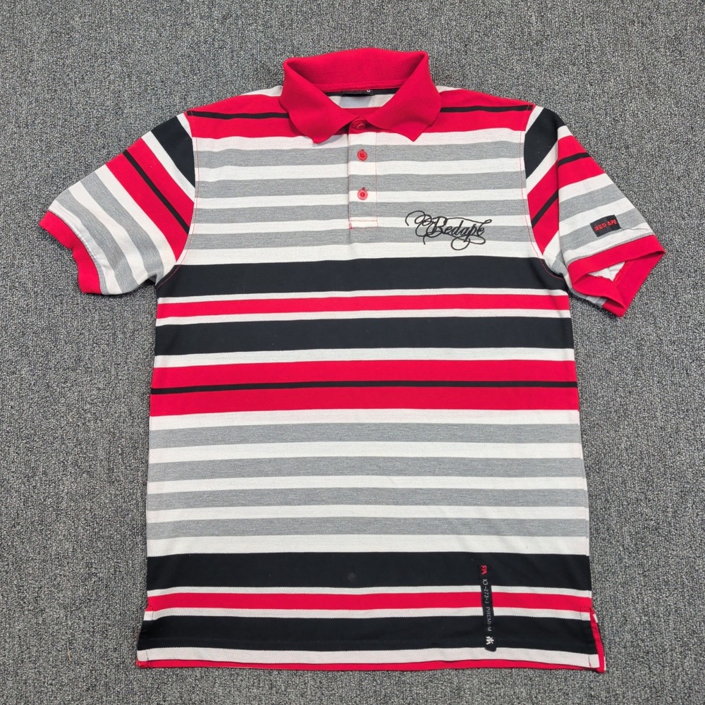Red Ape Y2K Striped Polo Shirt M Red Black White Streetwear Embroidered HipHop